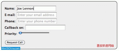 �@ʾ�����ı�ݔ���ֶΣ�Name��Email��Phone��Callback on �� Priority��Name �ֶξ������� Joe Lennon��Email �� Phone �ֶξ��л�ɫռλ���ı����ײ��İ��o�顮Request call����